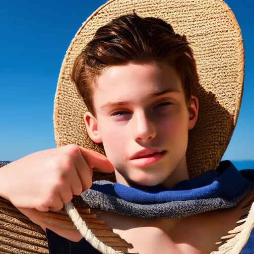 Prompt: beautiful teenage boy, around 22 yo, natural brown hair sitting on a deckchair on the beach facing the camera. Detailed face, blue sky. Award winning photograph.