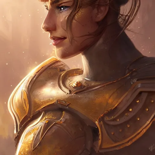 Image similar to portrait knights of Zodiac girl, golden and copper armor, in ruined Agora of Athens, ssci-fi, fantasy, intricate, very very beautiful, elegant, highly detailed, digital painting, artstation, concept art, smooth, sharp focus, illustration, art by WLOP and tian zi and artgerm