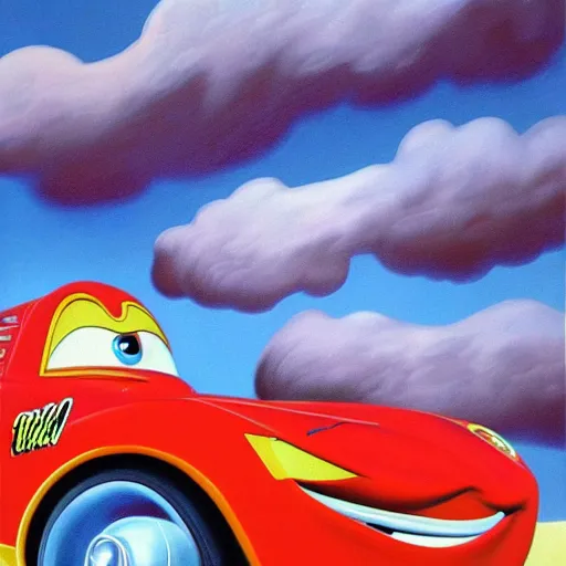 Image similar to a surrealist painting of Lightning McQueen,