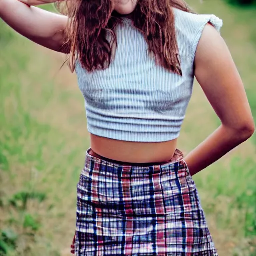 Image similar to teen girl in plaid mini skirt and crop top, intricate, extremely detailed, modeling photography, 8 0 mm camera