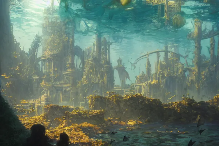 Image similar to a scenic landscaping view of the lost and abandoned city of Atlantic under water, ray of sunlight, mermaids in distance, Greg Rutkowski, Moebius, Mohrbacher, Mucha, blue and gold color scheme, ultra wide angle, ultra detailed, light effect