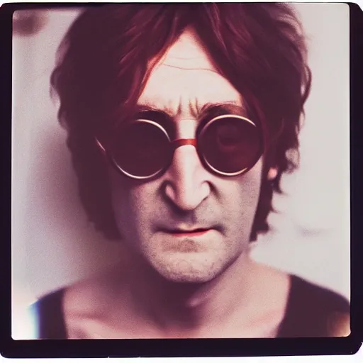 Prompt: instant camera snapshot of john lennon hiding in the corner of my living room looking guilty