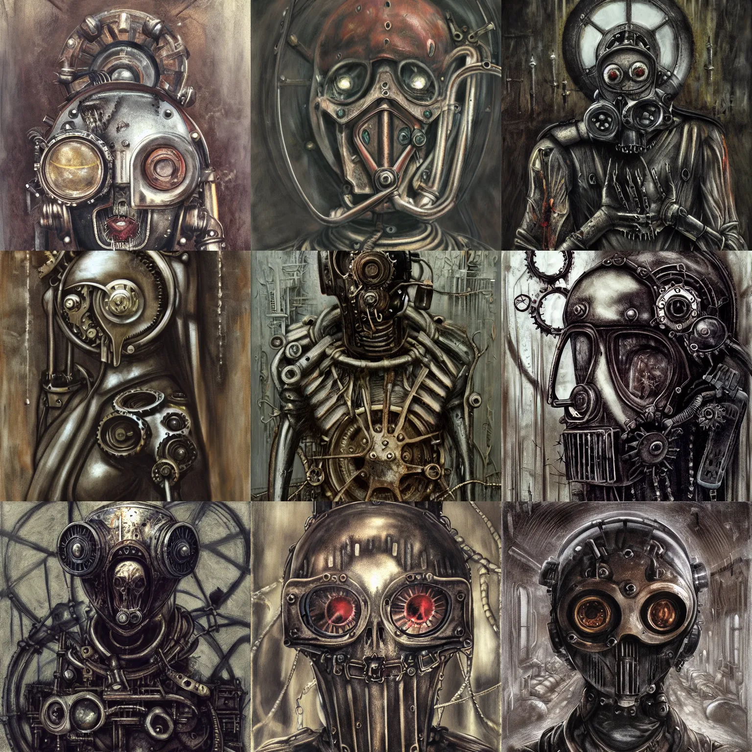 Prompt: an album cover, dark, gothic, cyber, fantasy, rust, metal, rivets, cogwheel, human, creature, mannequin, machinery, scuba mask, by giger, masahiro ito, junji ito, rough oil paint, underpainting, highlights, john signer sargent