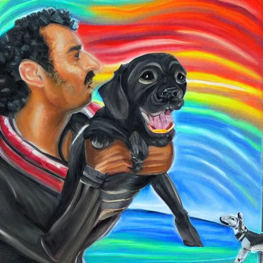 Prompt: egyptian man with long curly hair skydiving alongside small black puppy, fine art oil painting, figurative painting