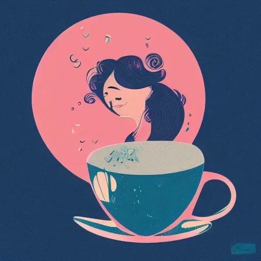 Image similar to illustration of a girl having a cup of coffee, happy feeling, waking up, by malika favre and victo ngai