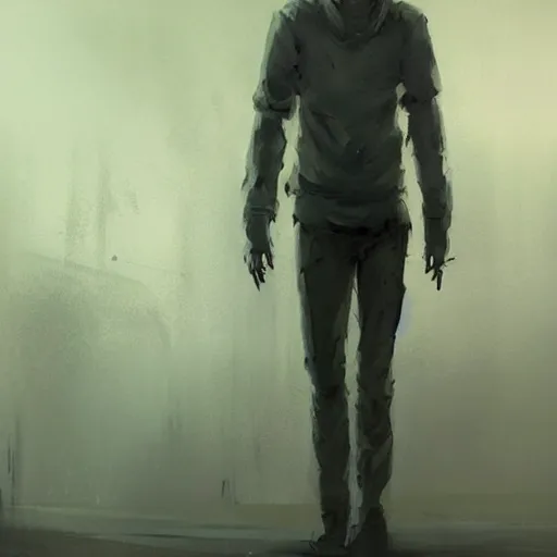 Image similar to concept art by greg rutkowski, a very tall and slender young man, dressed in patient clothes and an open sweatshirt, wandering through the desolate, futuristic, brutalist interior of a space colony, depressing atmosphere, low lighting, scifi, highly detailed portrait, digital painting, artstation, concept art, smooth, sharp foccus ilustration, artstation hq