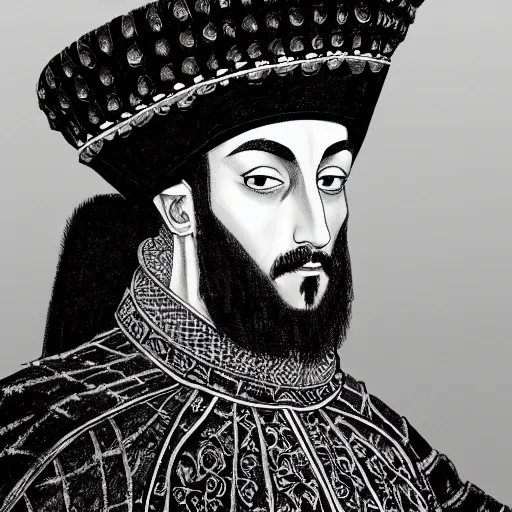 Prompt: a portrait of sultan suleiman the magnificent, focused gaze, art station, highly detailed, concept art, sharp focus, illustration in pen and ink, 4 k wide angle, by kentaro miura