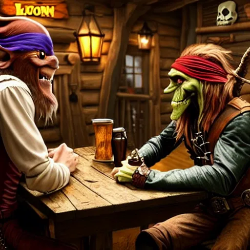 Image similar to a goblin with a large nose and a pirate with a bandana negotiating a contract with Jared Leto in a Western saloon.
