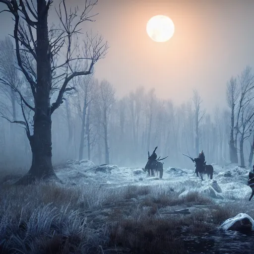 Prompt: the wild hunt, spectres riding in the sky, bad omen, enchanting, blizzard storm, fog, full moon, snowy environment, in the style of the witcher series, hyperrealism, breathtaking, award winning, groundbreaking, octane render, unreal 5, intricate digital art, 8 k hi - res