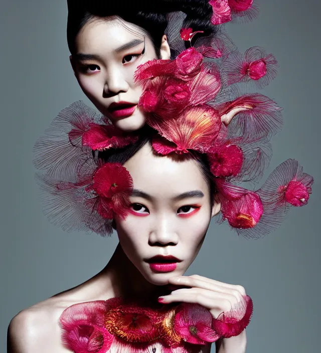 Prompt: photography american portrait of stunning model ming xi. great hair style, half in shadow, natural pose, natural lighing, rim lighting, wearing an ornate stunning sophisticated outfit created by iris van herpen, with a colorfull makeup by benjamin puckey, highly detailed, skin grain detail, photography by paolo roversi