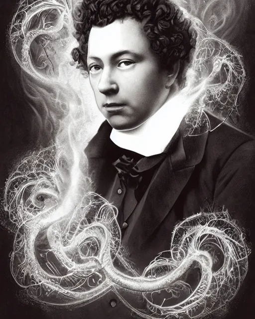 Prompt: a highly detailed portrait of Alexandr Pushkin as a devious male magician radiating a powerful energy aura, ornate back tuxedo, wispy tendrils of smoke, swirling vortex of energy, performance art, intricate, digital painting, old english, raining, sepia, particles floating, whimsical background by marc simonetti, art by artgerm and greg rutkowski and alphonse mucha