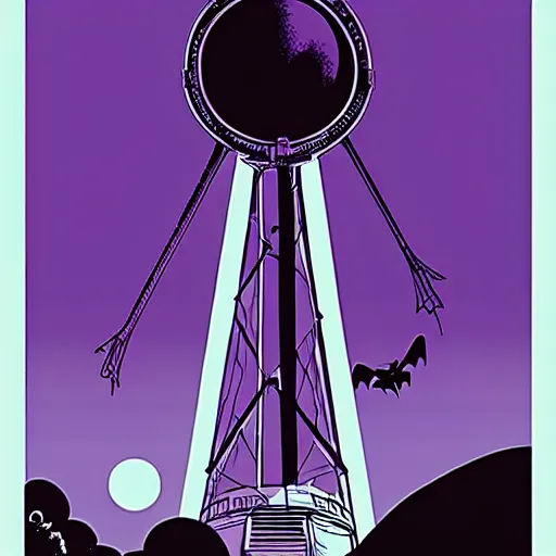 Prompt: abigail larson, saul bass, don bluth, purple color pallete, welcome to night vale, radio tower with black hole above it, helicopter, spooky strange weird quirky, cartoon, 2 d, chiral lighting