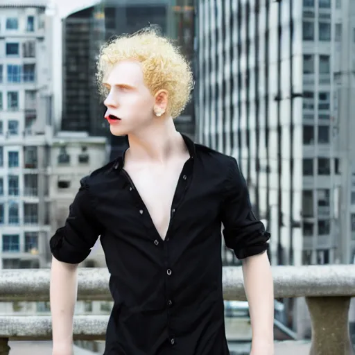 Prompt: a beautiful young male vampire, pale skin with dark veins, totally black eyes, blond curly hairs. Modern dress. Front view. High detailed. Urban background.