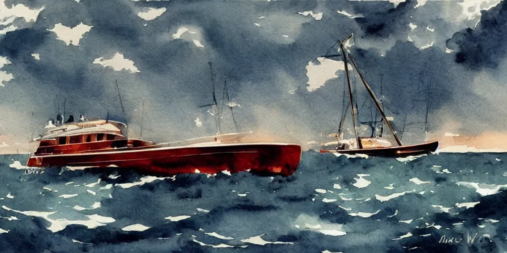 Prompt: modern luxury yacht in lightning storm, detailed watercolor by winslow homer