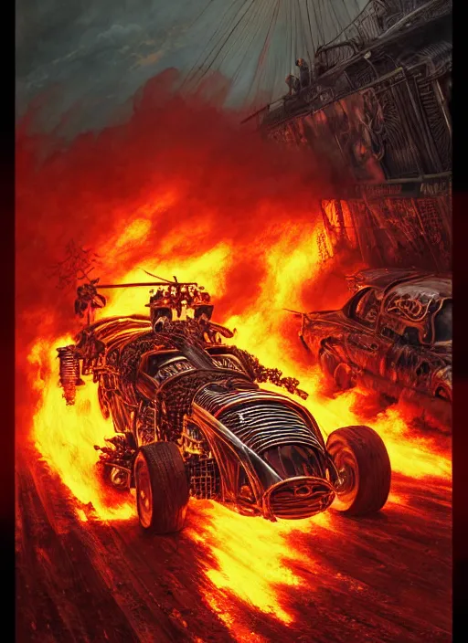 Image similar to portrait of a punk man driving a burning man car, background is on fire, mad max style, warhammer 40000, cyberpunk, intricate, highly detailed, digital painting, artstation, concept art, smooth, sharp focus, illustration, art by Amano and Karol_Bak and artgerm and greg rutkowski and alphonse mucha and Gustav Klimt and Kojima