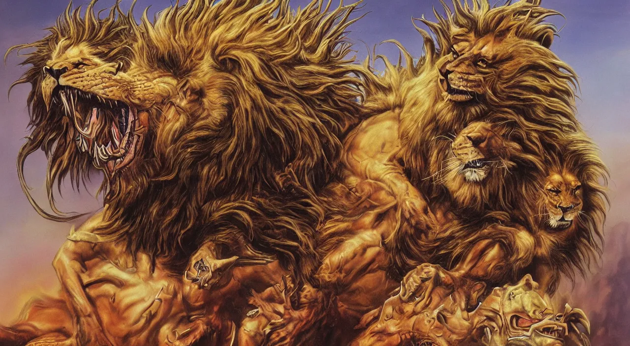 Prompt: a creature mixed with lion with full mane of spikes and crocodile skin by boris vallejo, graphic novel cover art, heavy metal cover art, airbrush, oil painting