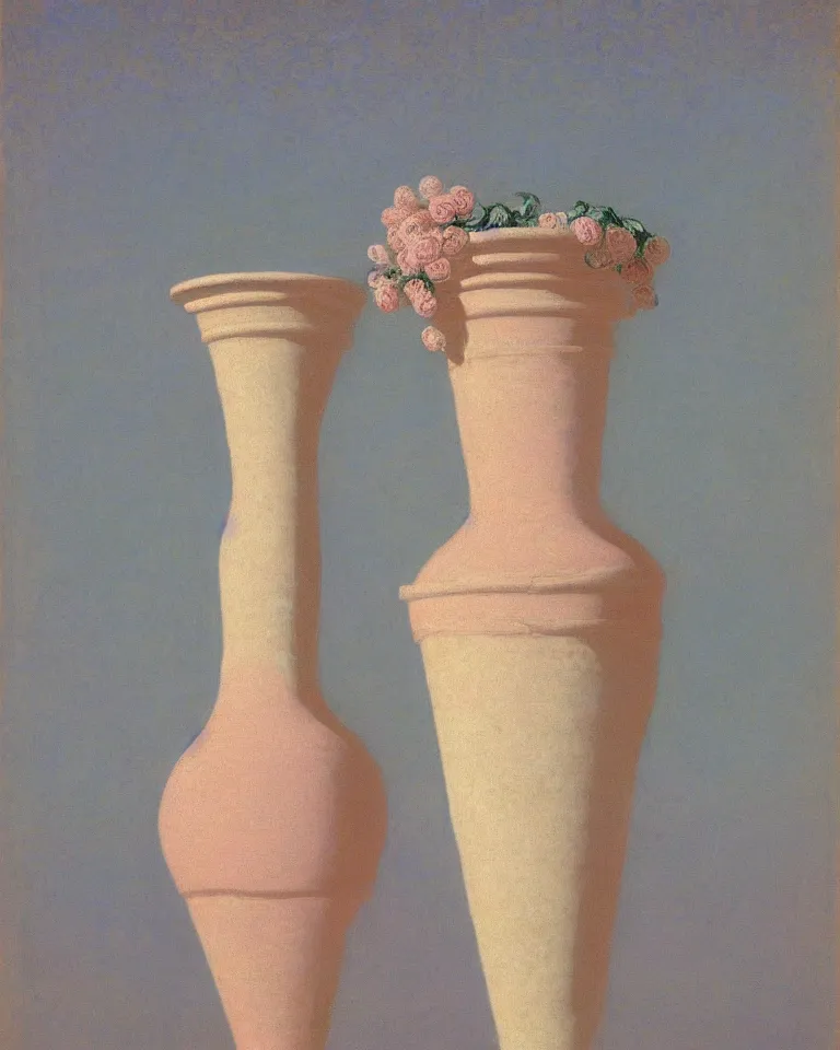 Prompt: achingly beautiful print of intricately painted ancient greek amphora on a pink pastel background by rene magritte, monet, and turner.