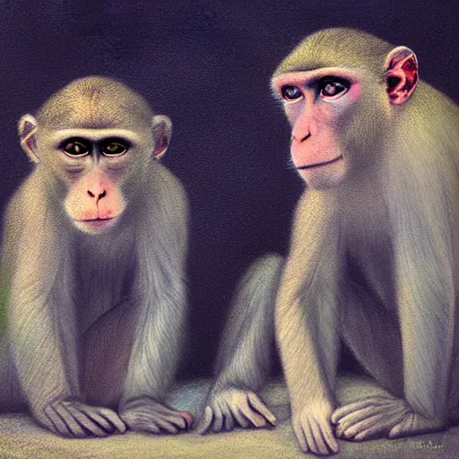 Prompt: two macaques looking at each other inside victorian mansion, digital art, soft shadows, creepy art, sun flare