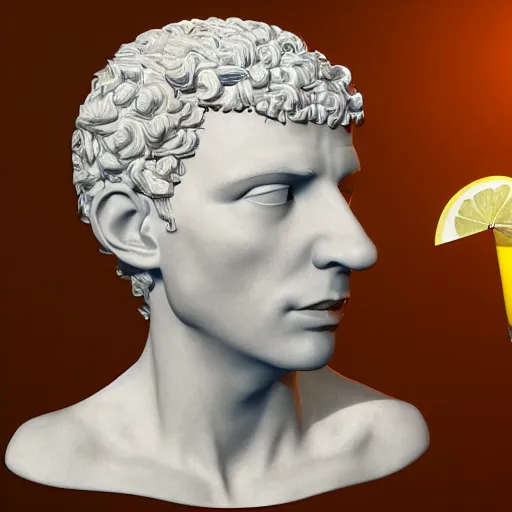 Image similar to a 3 d model of a white marble human head in a renaissance style holding a coctail, colorful coctail, digital illustration, 3 d render, above the waist