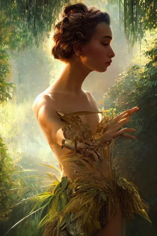 Image similar to stunningly beautiful, cyber prima ballerina in jungle, symmetrical face, golden hour, smooth, focus, highly detailed, hyper realistic, dramatic lighting, elegant, intricate, concept art, art by wlop, mars ravelo, greg rutowski, artstation