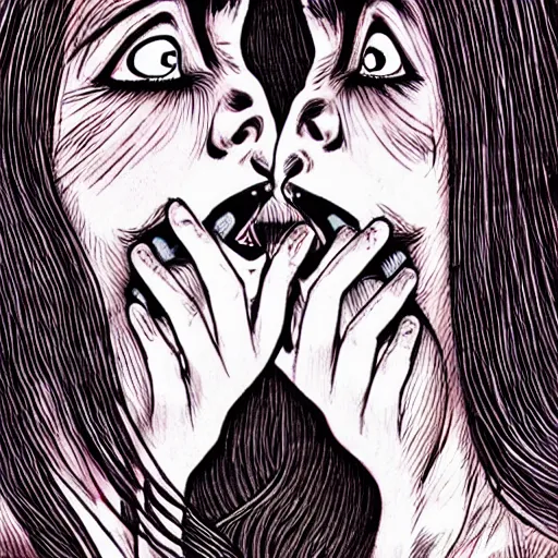 Image similar to two monstrous women kissing each other with long spiraling lips, eldritch abomination, horror manga illustration by junji ito, key visual, monochromatic