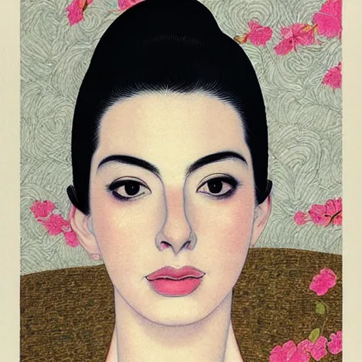 Image similar to “ ann hathaway portrait by ikenaga yasunari and ayana otake and ko rakusui, 6 0 s poster, drawing, realistic, sharp focus, japanese, dreamy, nostalgia, faded, golden hues, floral clothes, porcelain skin ”