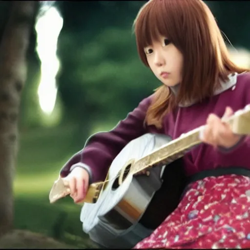 Prompt: real-life Yui Hirasawa with the guitar, a still of a Japanese movie