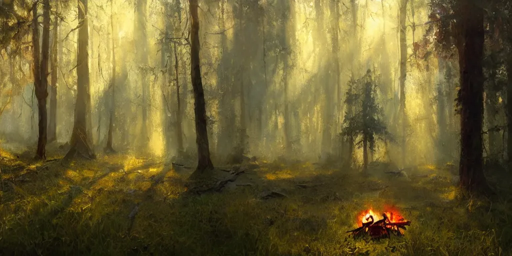 Image similar to A Craig Mullins oil painting of a hauntingly beautiful forest in the morning with a small campfire; rays of light coming through the canopy; trending on artstation; extraordinary masterpiece!!!!!!; 8k