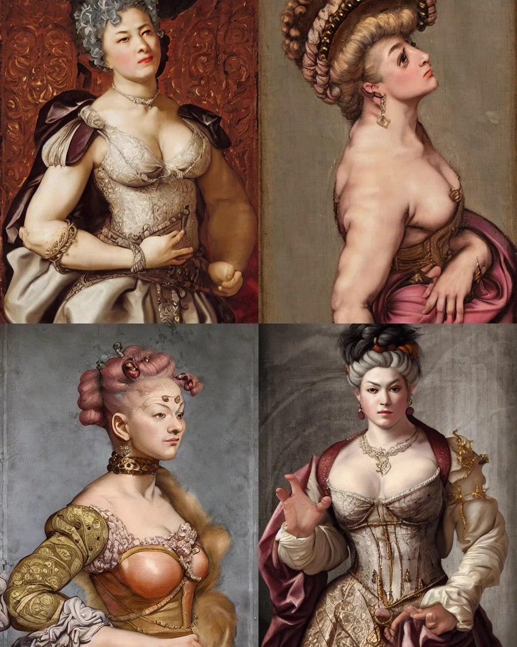Prompt: Detailed Baroque painting of Zarya from overwatch as an elegant noblewoman, brocade dress, style of leonardo da vinci and peter paul rubens, intricate, soft lighting, big wide broad strong physique |