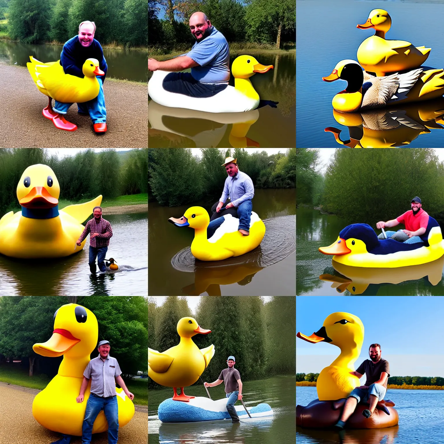 Prompt: man riding a giant real live duck