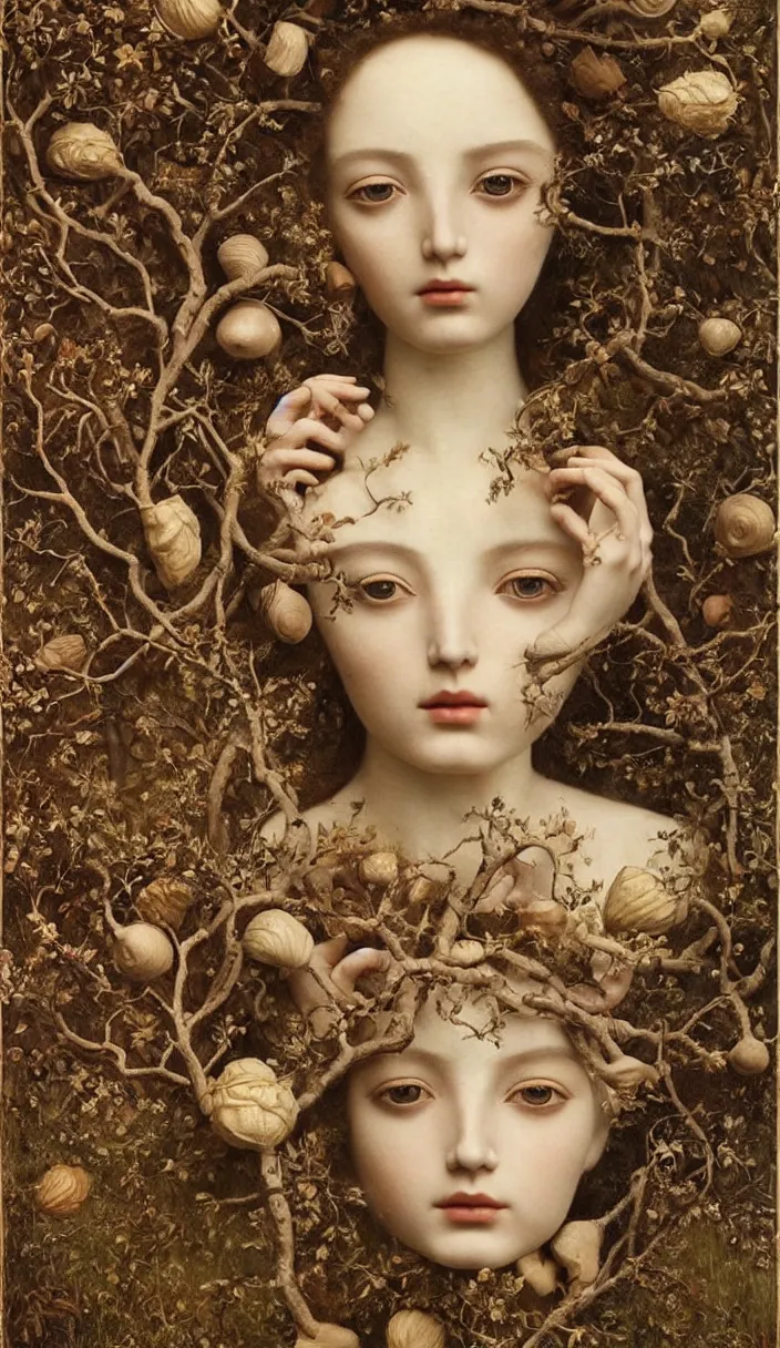 Prompt: cinematic portrait of a beautiful female jointed handmade wooden art doll, made of wood!!!!!, hair with twigs and branches, holding each other, oak trees, oak leaves!!, acorns, dendritic, painting by agostino arrivabene, by fernand khnopff, surreal, detailed