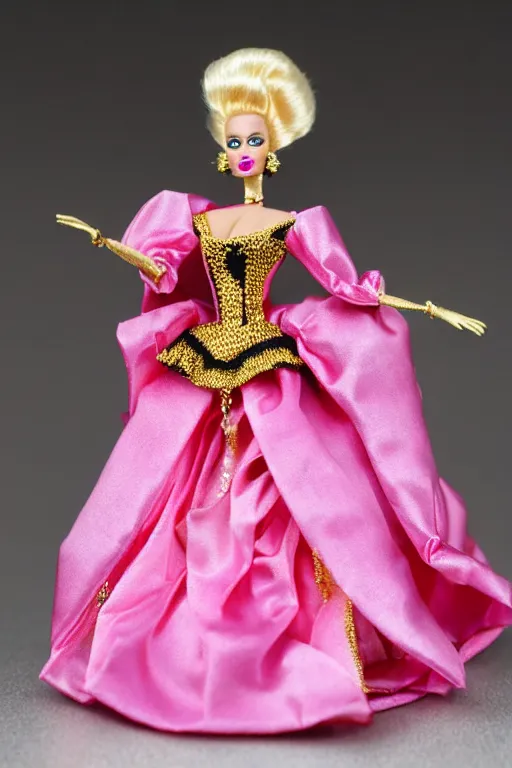 Prompt: drag queen barbie doll in pink rococo noble lady outfit, marie antoinette drag queen doll