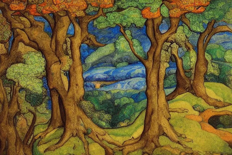 Image similar to masterpiece painting of oak trees on a hillside overlooking a creek, dramatic lighting, by phoebe anna traquair