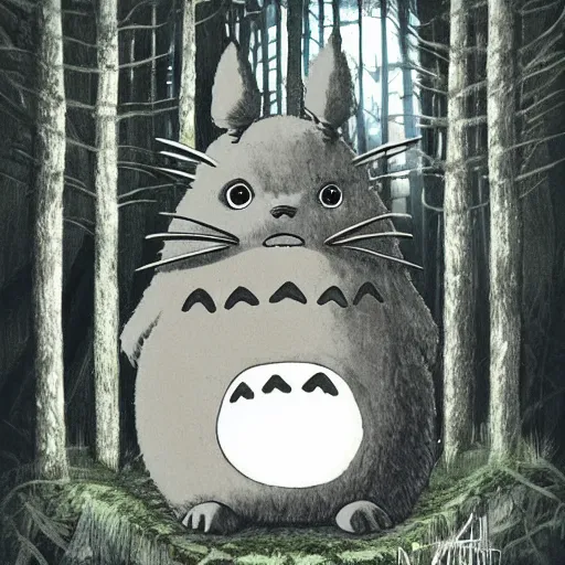 Prompt: totoro in a black metal band in the middle of the forest, fantasy digital art, wow, stunning, ghibli style, hight quality