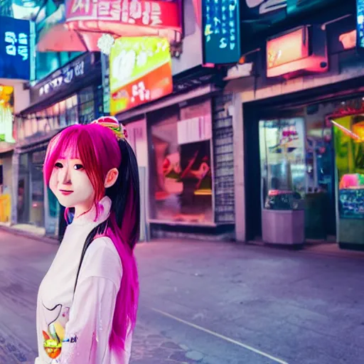 Prompt: korean anime girl with pink hair walking in seoul, drinking boba drink at night