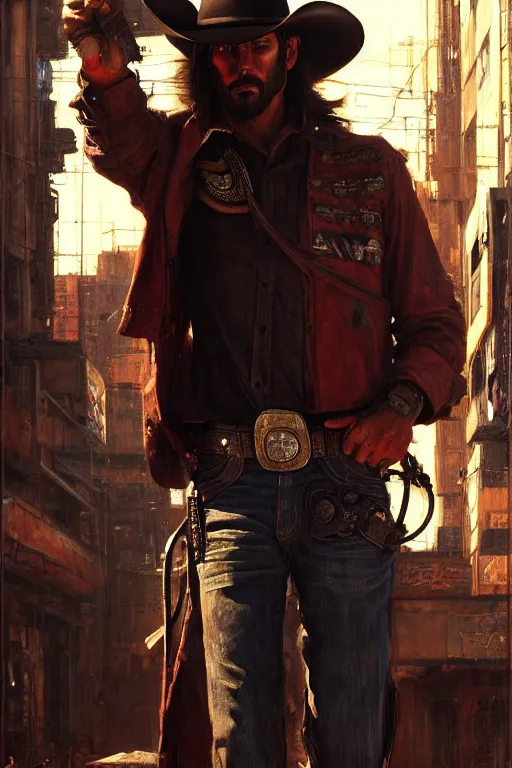 Prompt: a cowboy in a cyberpunk setting, western, cyberpunk, 8 k, by john william waterhouse and nasreddine dinet, oil on canvas, cinematic, hyper realism, high detail, dramatic lighting