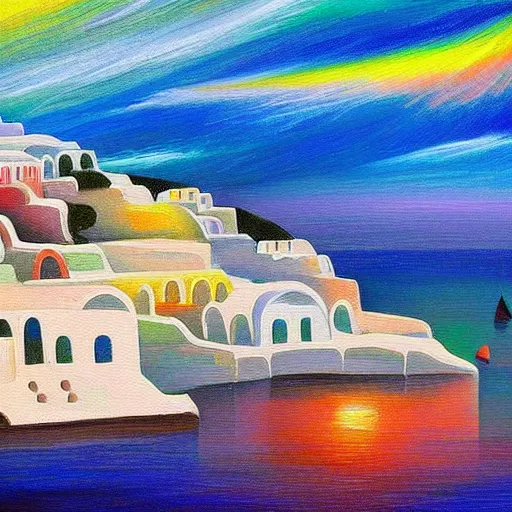 Prompt: professional painting of Santorini in the style of Gabriel Dawe, smooth, sharp focus, illustration, intricate, stormy weather, extremely detailed masterpiece,