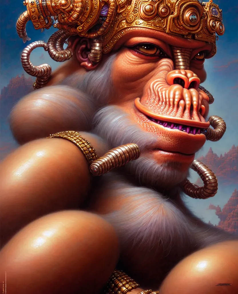 Prompt: beautiful hanuman fantasy character portrait, close - up, headshot, ultra realistic, wide angle, intricate details, the fifth element artifacts, highly detailed by peter mohrbacher, hajime sorayama, wayne barlowe, boris vallejo, aaron horkey, gaston bussiere, craig mullins