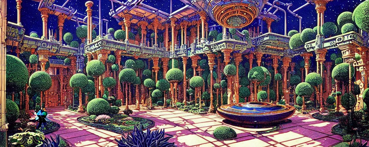 Prompt: a luxurious scifi futuristic victorian garden courtyard by robert mccall, killian eng, moebius, philippe druillet