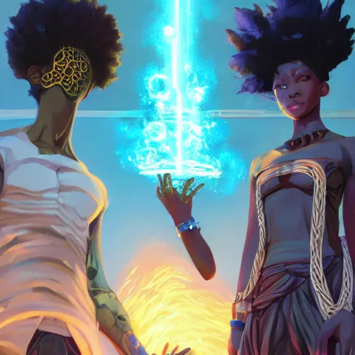 Image similar to afro - cyberpunk deities and their creations, gods and men, manifesting dreams with ancestral magic in a modern world | hyperrealistic oil painting | by makoto shinkai, ilya kuvshinov, lois van baarle, rossdraws, basquiat | afrofuturism, in the style of hearthstone, trending on artstation | dark color scheme