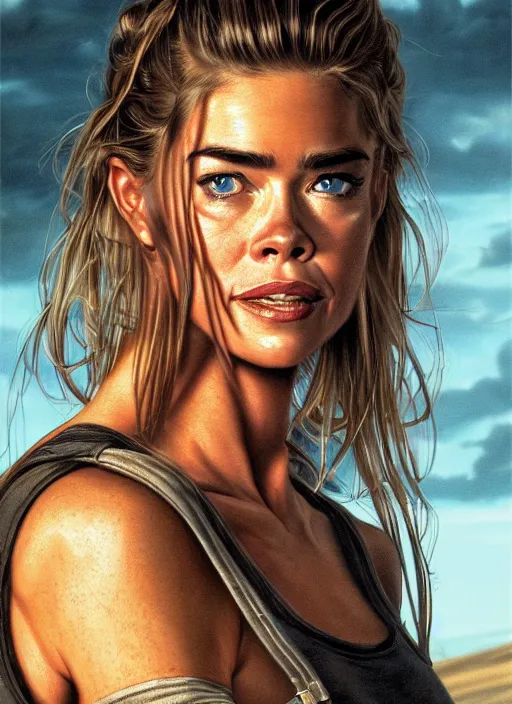 Image similar to portrait of a 25 year old Denise Richards as a mechanic character in Mad Max, looking at camera, intricate, dystopian, sci-fi, extremely detailed, digital painting, artstation, concept art, smooth, sharp focus, illustration, soft lighting, incredible art by artgerm and greg rutkowski and alphonse mucha and simon stalenhag