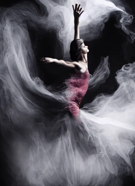 Image similar to a Photorealistic dramatic hyperrealistic render of a glamorous beautiful Female smoke dancer by Ken Brower and Deborah Ory of NYC Dance project,Lois Greenfield,Flowing cloth and smoke,Beautiful dynamic dramatic dark moody lighting,volumetric,shadows,cinematic atmosphere,Octane render,8K