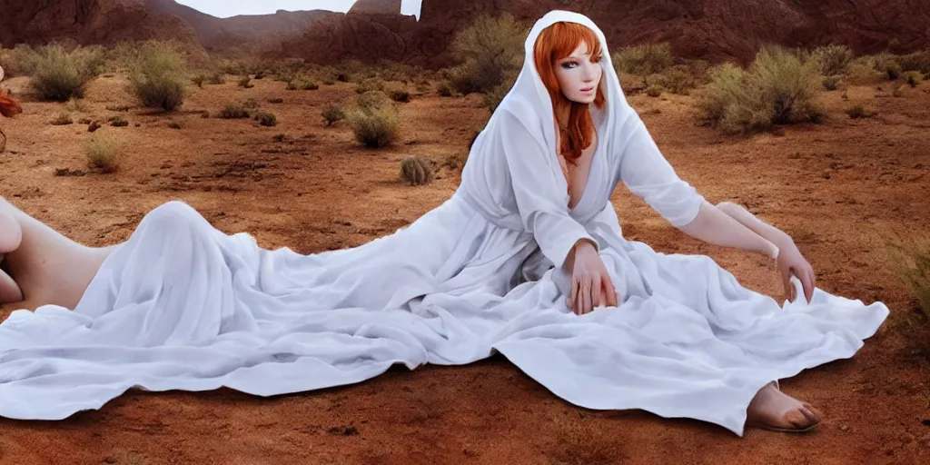 Prompt: christina hendricks in the desert, white robes, fantasy realistic art style