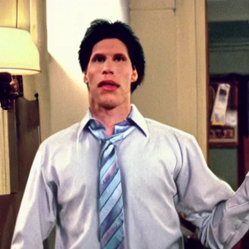 Image similar to Live Action Still of Jerma in Weekend at Bernie's, real life, hyperrealistic, ultra realistic, realistic, highly detailed, epic, HD quality, 8k resolution, body and headshot, film still