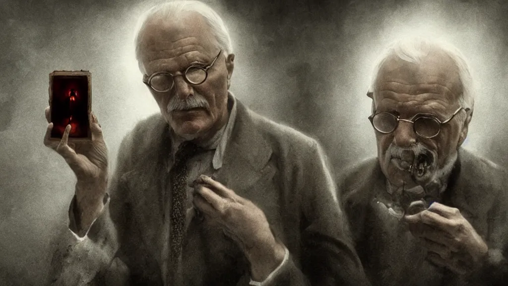 Prompt: Carl Jung with eldritch beings in his hand, 8K, concept art, filmic, HDR, hyperrealism, volumetric lighting, horror, Dark art