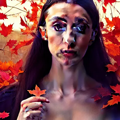 Prompt: gorgeous female stella maeve magician, realistic character concept, medium shot, elegant pose, spooky, illustration, symmetrical face and body, cinematic lighting, detailed realistic symmetrical eyes, 8 k, jacob riis, joshua middleton, artgerm, akihiko yoshida, tom bagshaw, single face, insanely detailed and intricate elegant, autumn leaves