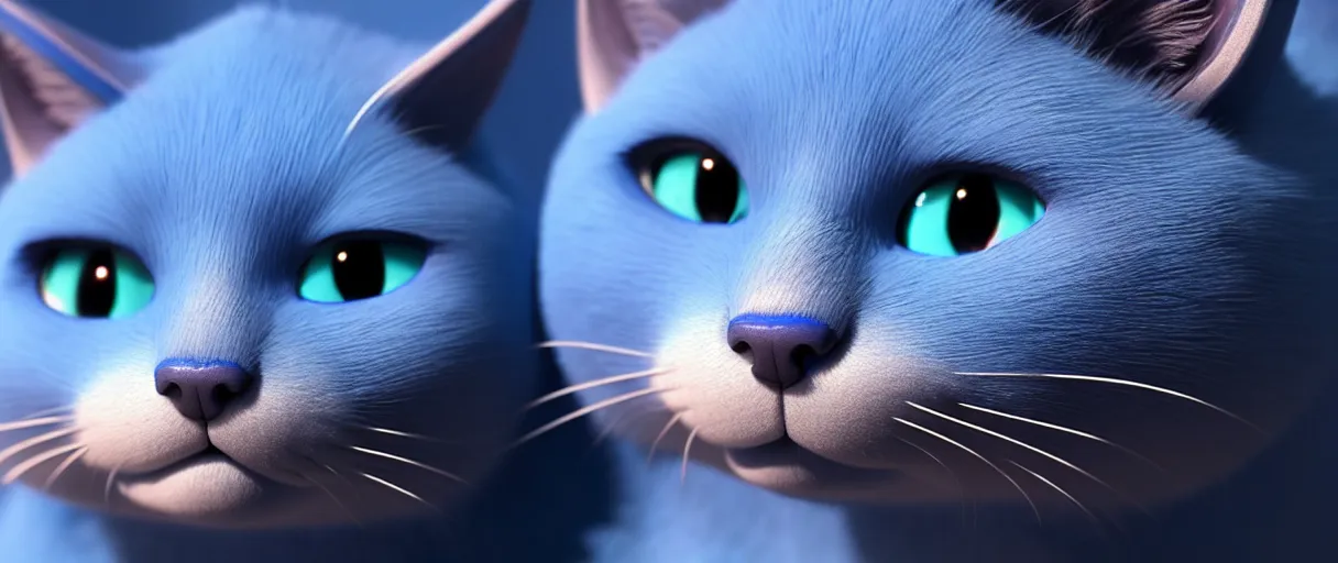 Image similar to hyperrealistic detailed close-up 3d render of a sad cute blue cat with round puppy eyes sharp cinematic lighting vray 8k low angle shallow depth of field