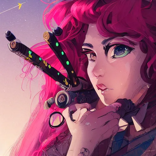 Prompt: close up, attractive sports woman in archery, arrows and bow in action, a grungy cyberpunk anime, very cute, by super ss, curly pink hair, night sky by wlop, james jean, victo ngai, highly detailed