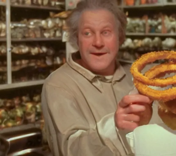 Image similar to color film still of the lord of the onion rings