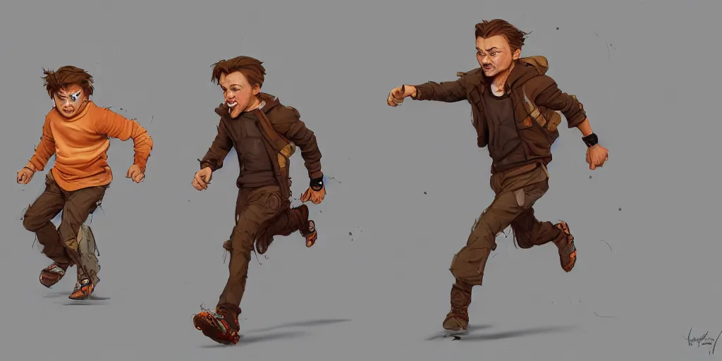 Prompt: cartoonish little leonardo di caprio running, geert goilis, vivid colors, character sheet, fine details, concept design, contrast, kim jung gi, greg rutkowski, trending on artstation, 8 k, full body, turnaround, front view, back view, ultra wide angle